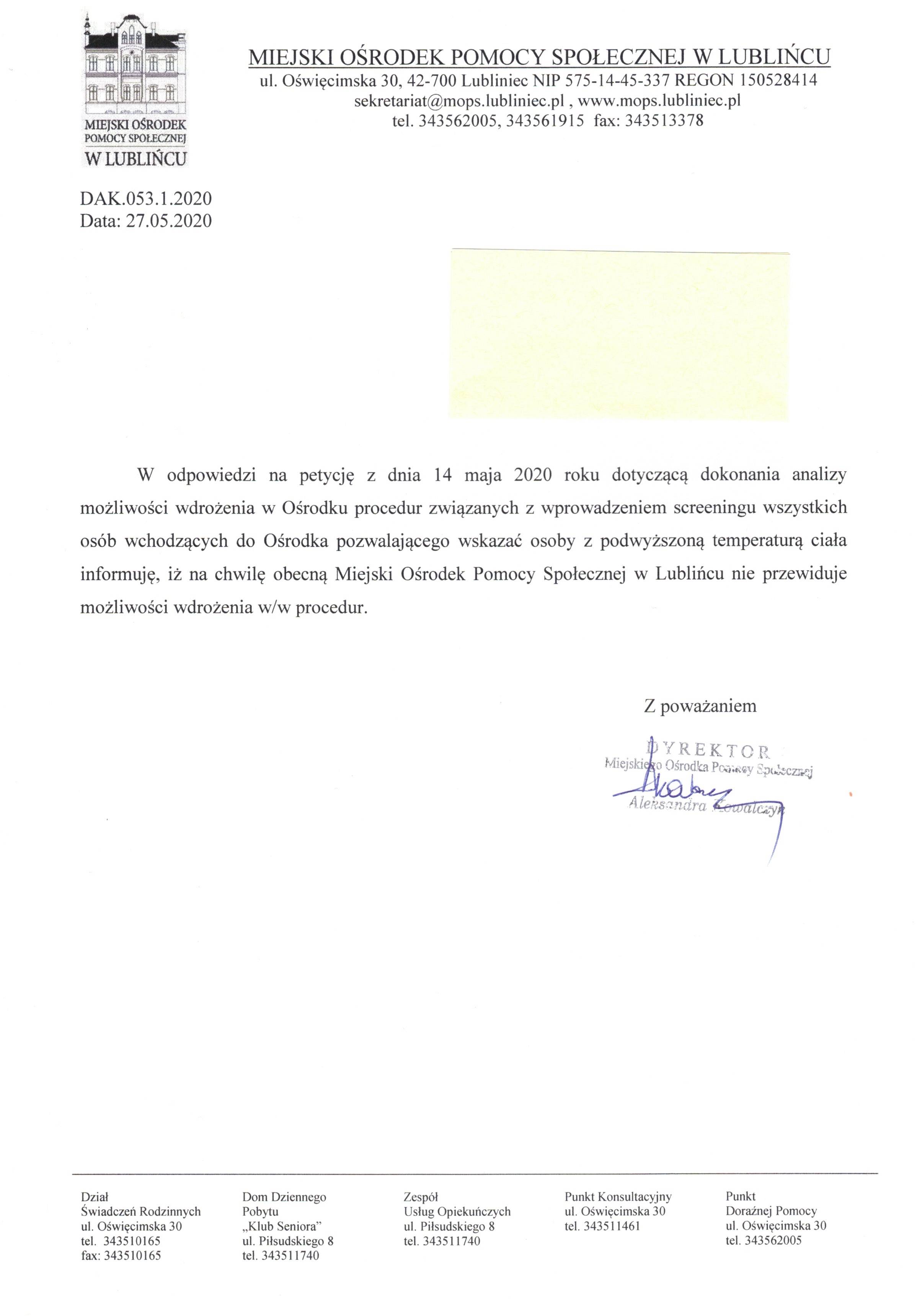 Odpowiedź na petycję z dnia 14.05.2020r.